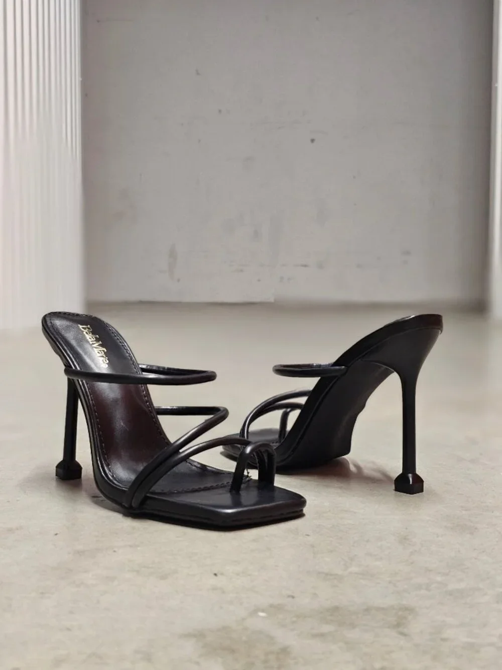 Strappy Black High Heel Sandals With Square Toe & Stiletto Design Bella Marie
